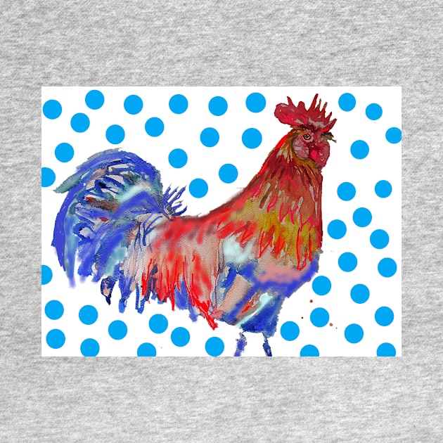 Rooster Watercolor Painting with Blue Polka Dots by SarahRajkotwala